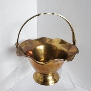 Vintage Solid Brass Ruffled Edge 5" Basket Candy Dish Moveable Handle India